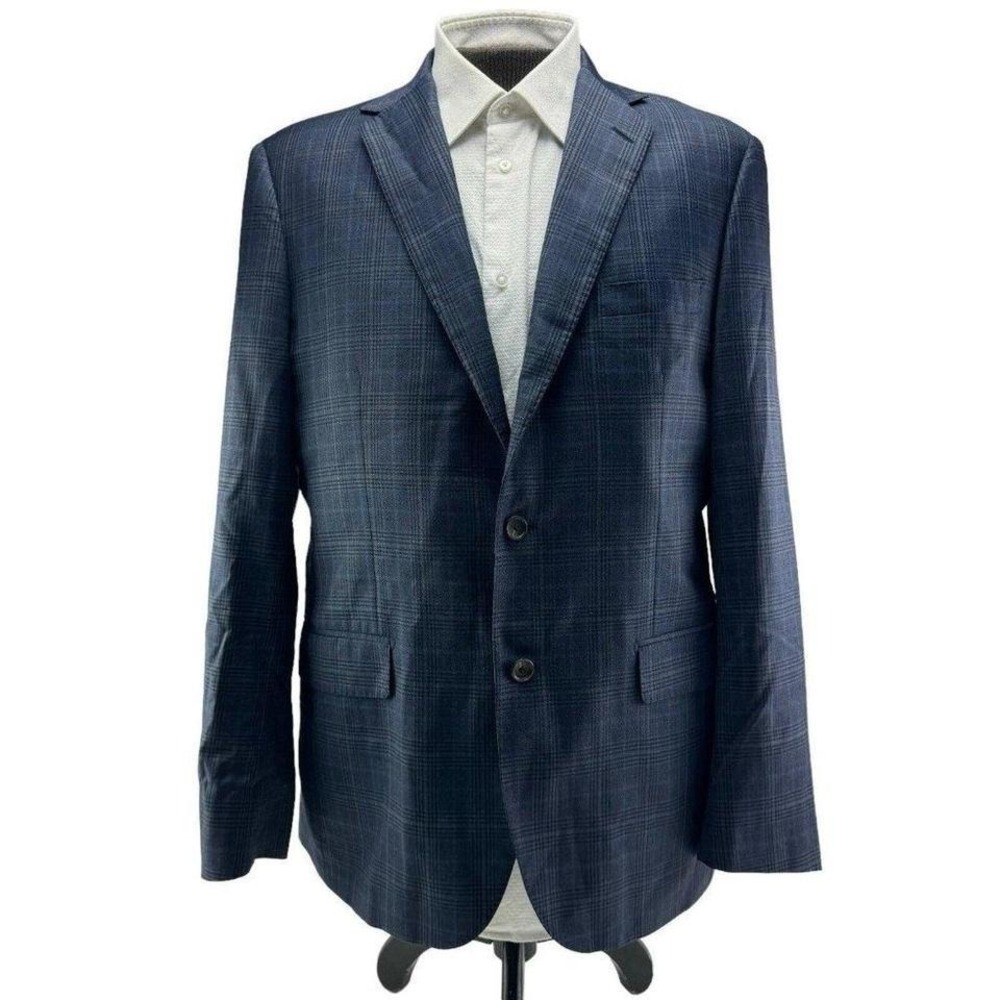 Nordstrom Blue‎ Check EThomas Super 130 Wool 2 Button/Vent Mens Size 46L